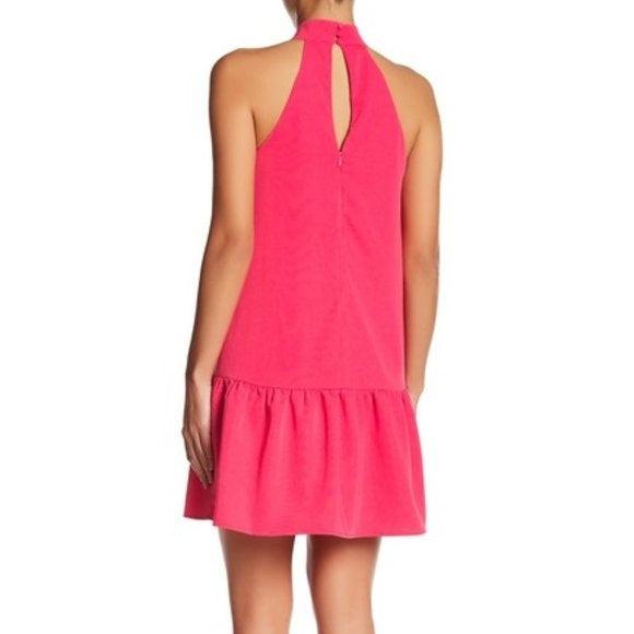 Hot Pink Sleeveless Halter Neck Keyhole Flounce Hem Mini Dress