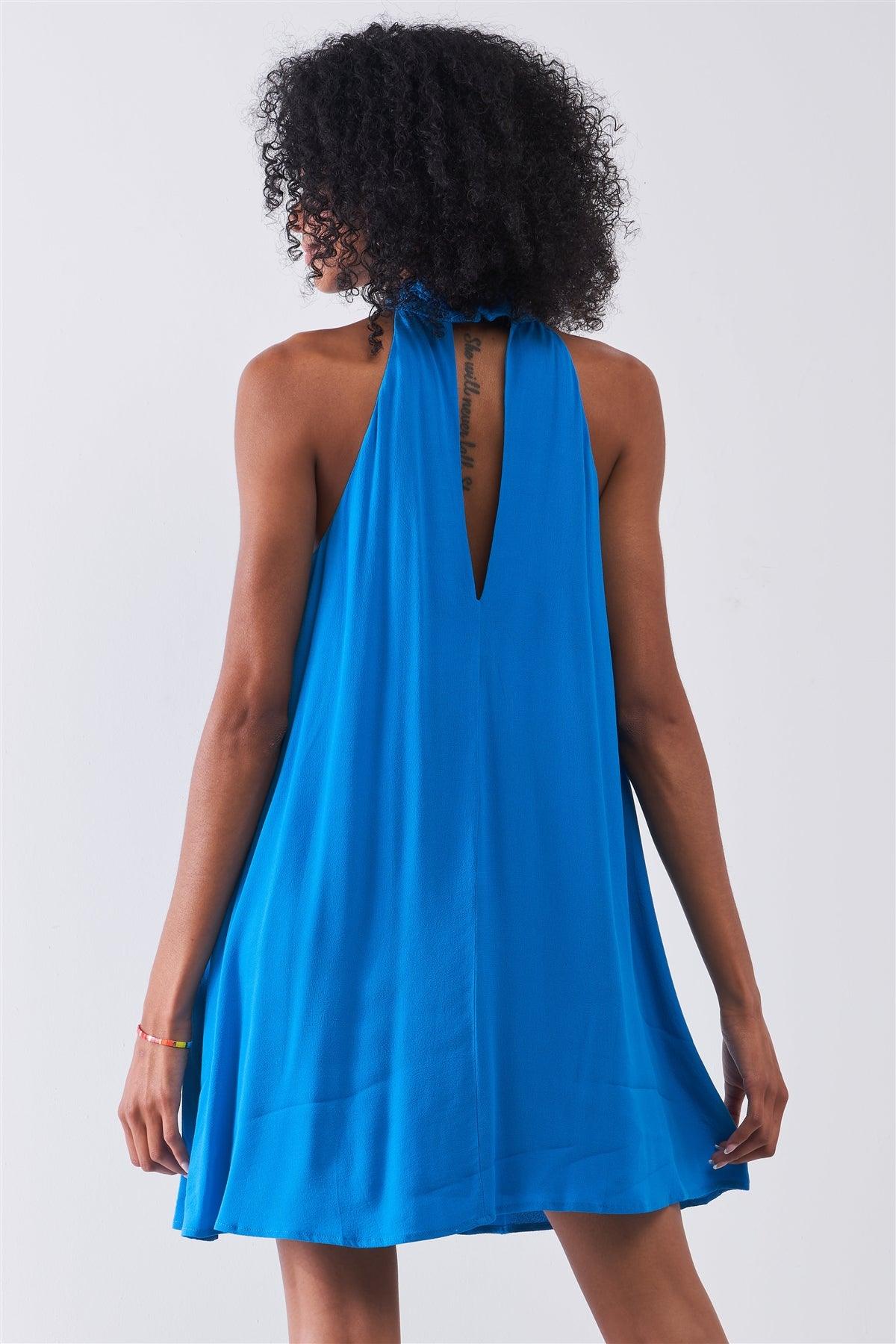 Cobalt Sleeveless Turtle Neck Crochet Detail Back Cut-Out Detail Tent Mini Dress /2-3-1