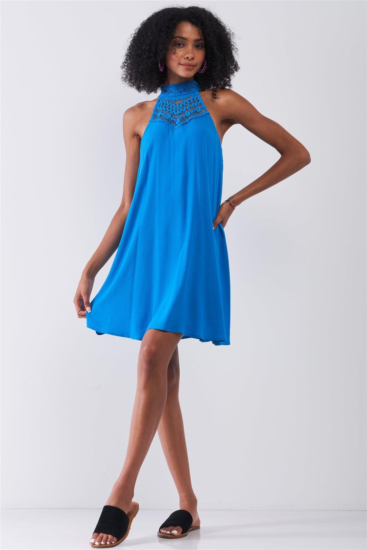 Cobalt Sleeveless Turtle Neck Crochet Detail Back Cut-Out Detail Tent Mini Dress /2-3-1