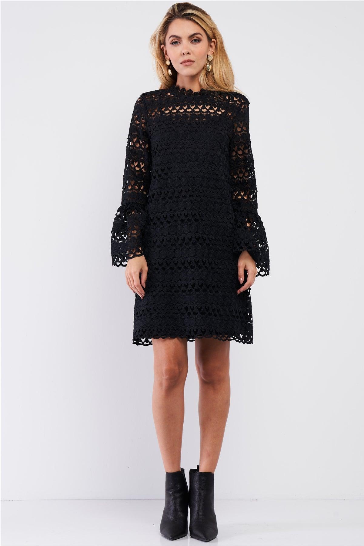 Black Crochet Embroidery Relaxed Fit Mock Neck Flare Sleeve Detail Mini Dress /1-2-3-1