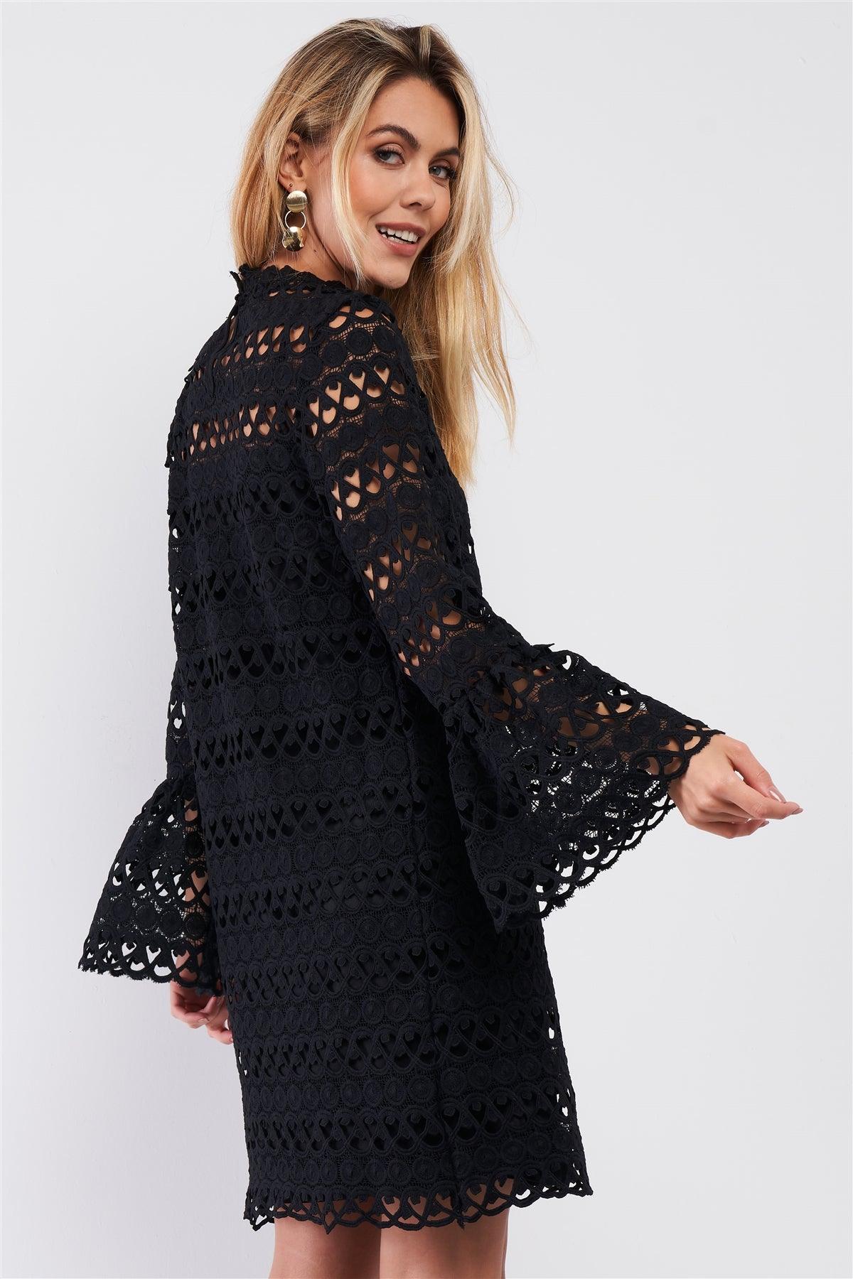 Black Crochet Embroidery Relaxed Fit Mock Neck Flare Sleeve Detail Mini Dress /1-2-3-1