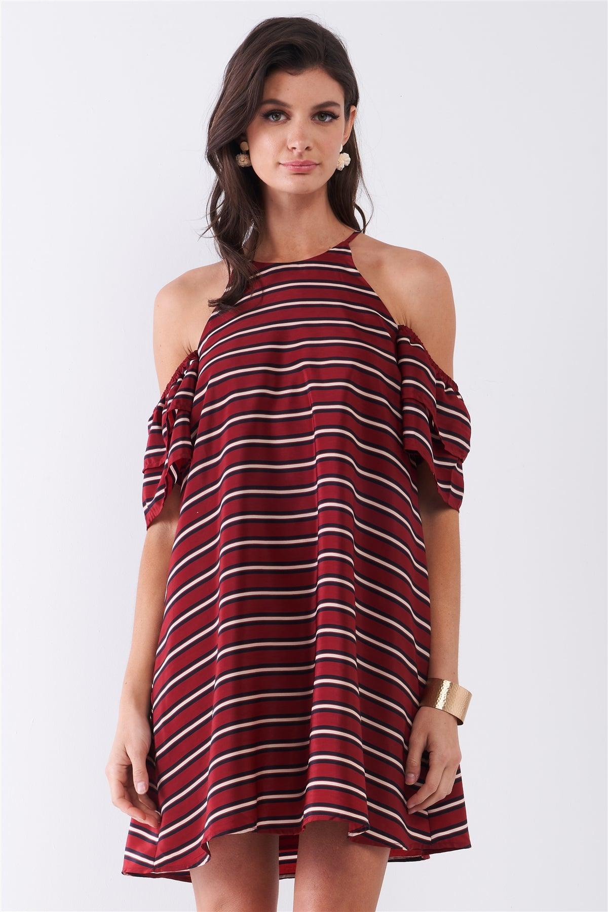 Burgundy Striped Print Cold Shoulder Puff Sleeve Racer Back Detail Relaxed Mini Dress /1-2-2