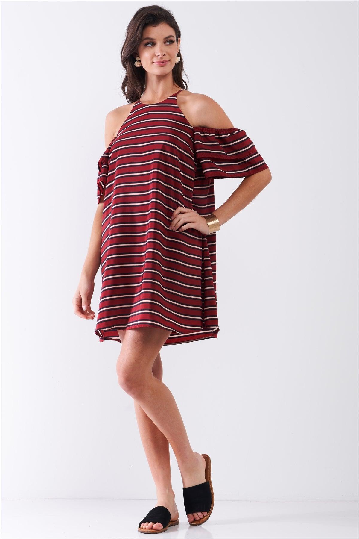 Burgundy Striped Print Cold Shoulder Puff Sleeve Racer Back Detail Relaxed Mini Dress /1-2-2