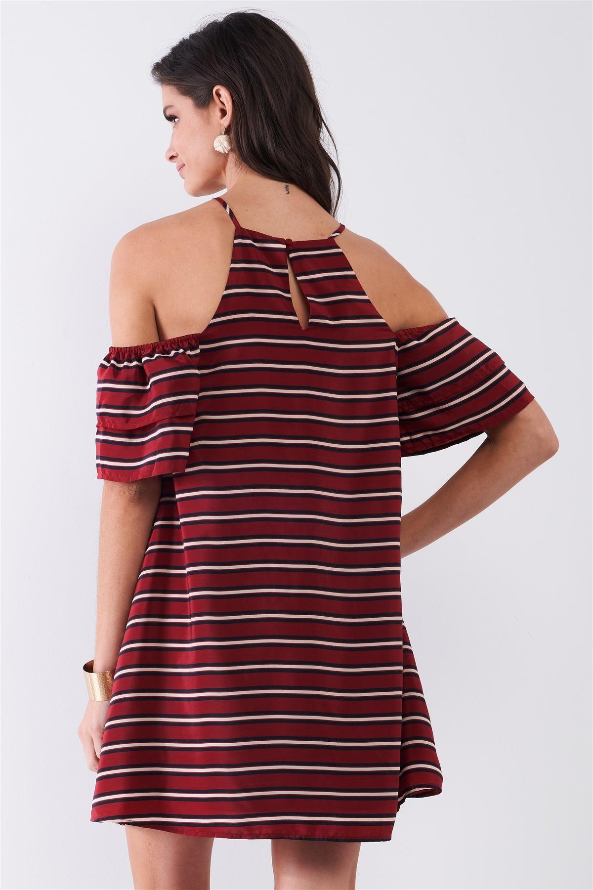 Burgundy Striped Print Cold Shoulder Puff Sleeve Racer Back Detail Relaxed Mini Dress /1-2-2