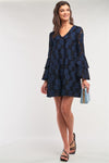 Black&Blue Long Sleeve V-Neck Lace Mesh Embroidery Layered Mini Dress /2-1-2