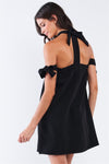 Solid Black Bow Tie T-Silhouette Back Halter Tie Ribbon Tie Sleeve Relaxed Fit Tunic Tube Mini Dress With Elastic Chest Hem /3-3