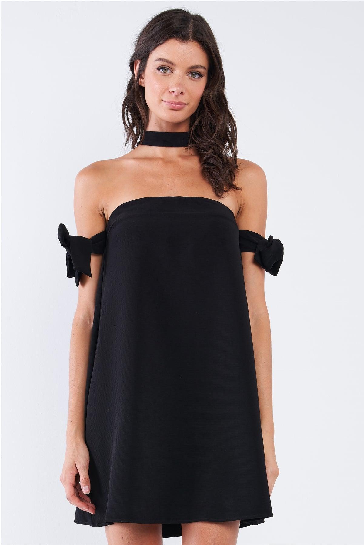 Solid Black Bow Tie T-Silhouette Back Halter Tie Ribbon Tie Sleeve Relaxed Fit Tunic Tube Mini Dress With Elastic Chest Hem /3-3