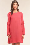 Red Relaxed Fit Crew Neck Long Frill Slit Self-Tie Sleeve Detail Mini Dress /1-2-2-1