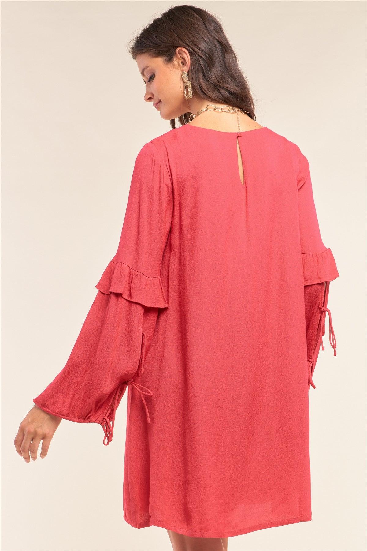 Red Relaxed Fit Crew Neck Long Frill Slit Self-Tie Sleeve Detail Mini Dress /1-2-2-1