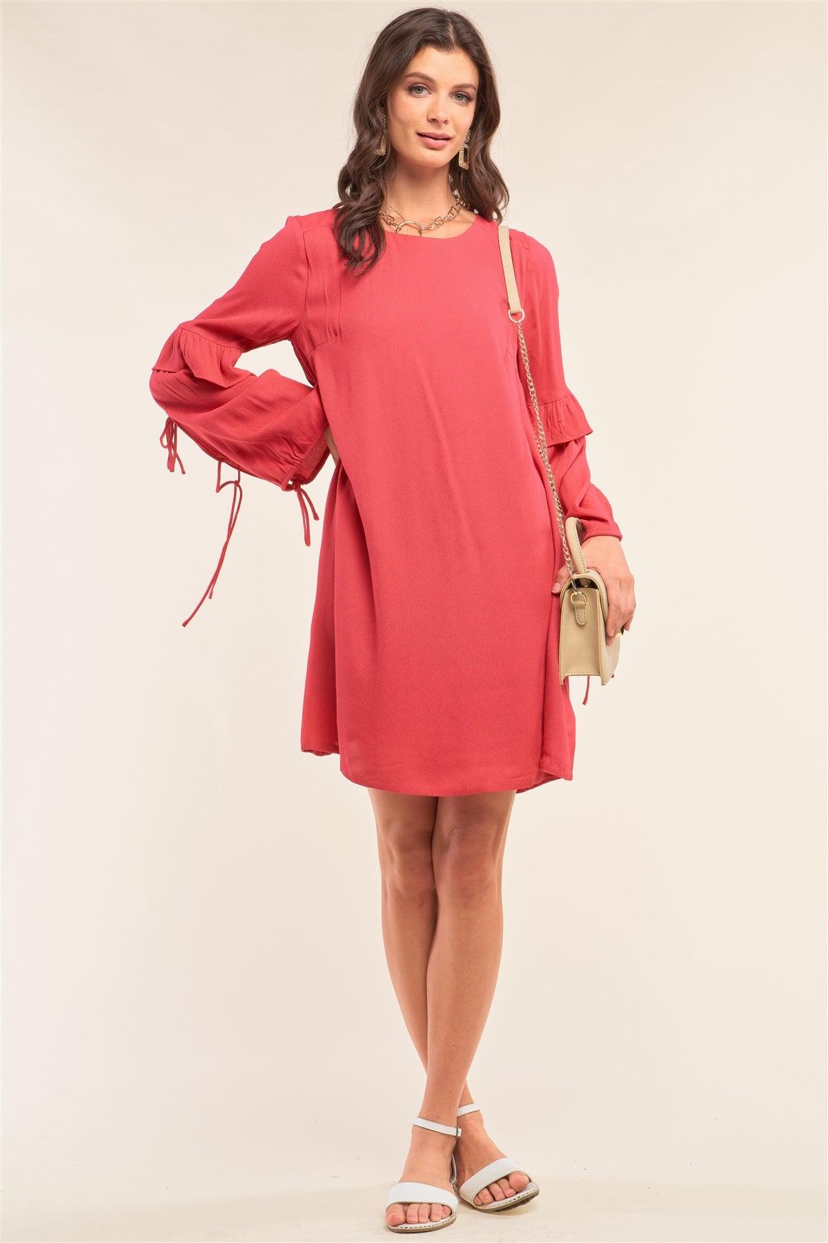 Red Relaxed Fit Crew Neck Long Frill Slit Self-Tie Sleeve Detail Mini Dress /1-2-2-1