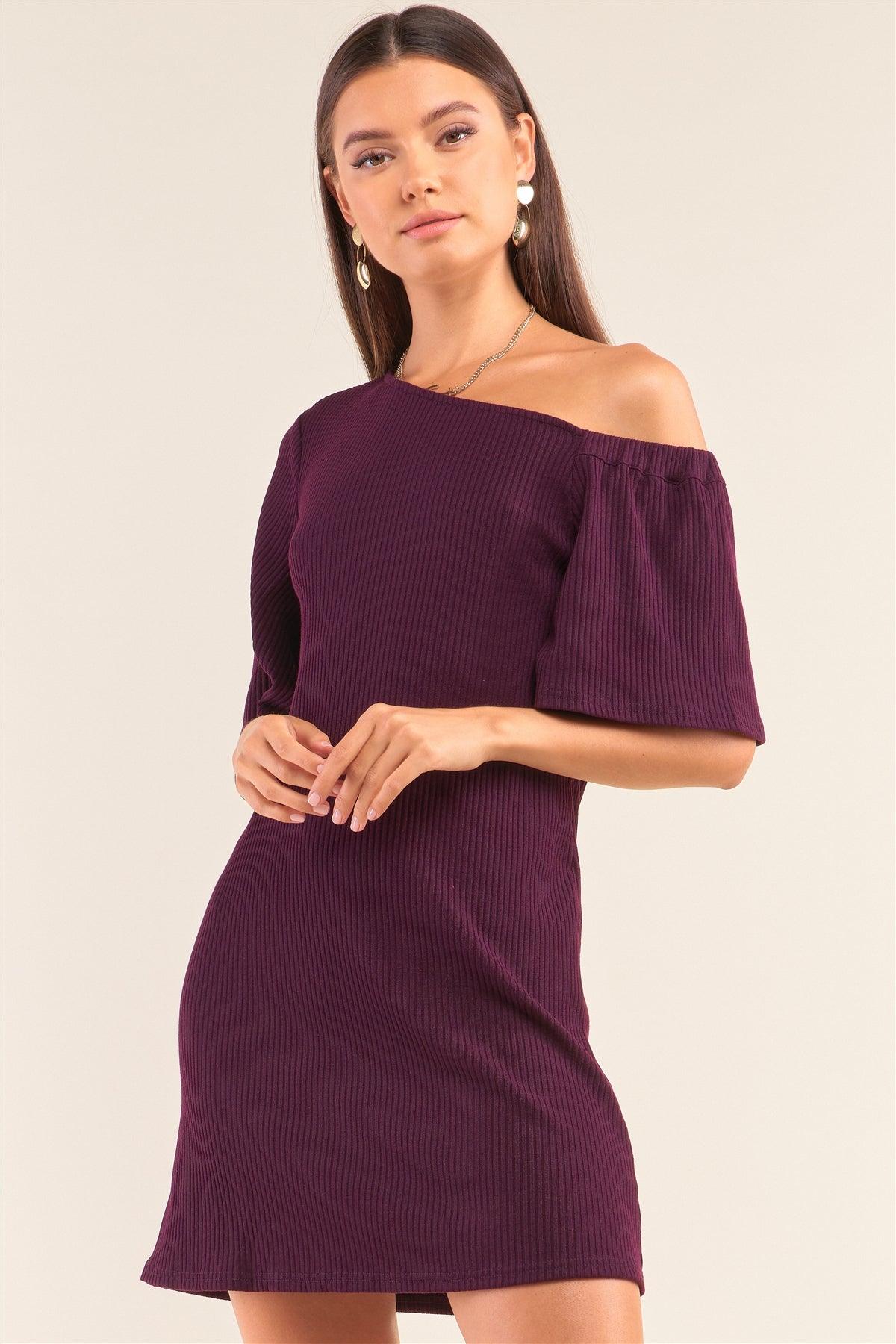 Eggplant Purple Slim Fit Asymmetrical Off-One-Shoulder Flare Sleeve Ribbed Mini Dress /1-2-2