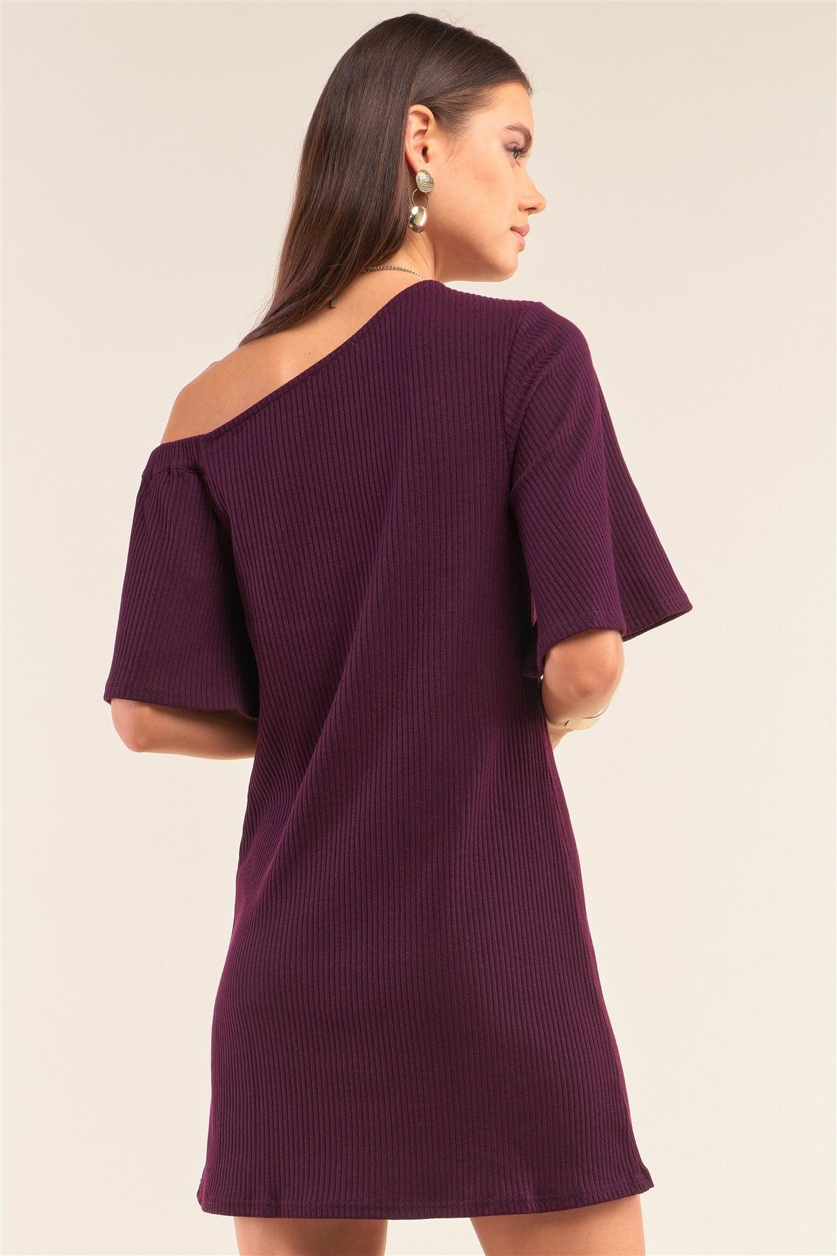 Eggplant Purple Slim Fit Asymmetrical Off-One-Shoulder Flare Sleeve Ribbed Mini Dress /1-2-2