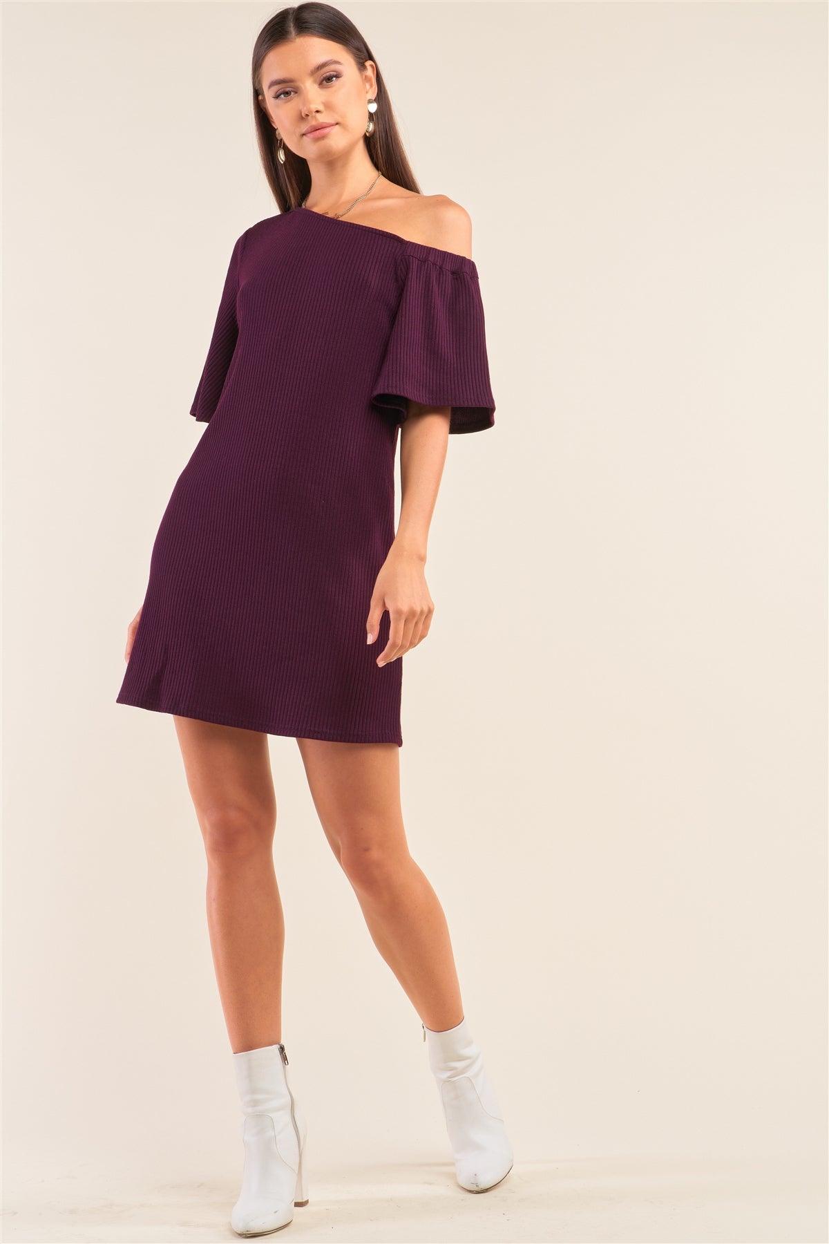 Eggplant Purple Slim Fit Asymmetrical Off-One-Shoulder Flare Sleeve Ribbed Mini Dress /1-2-2