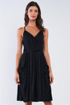 Black Casual Pleated Wrap Deep Plunge V-Neck Sleeveless Mini Dress With Front Pockets /1-2-2-1