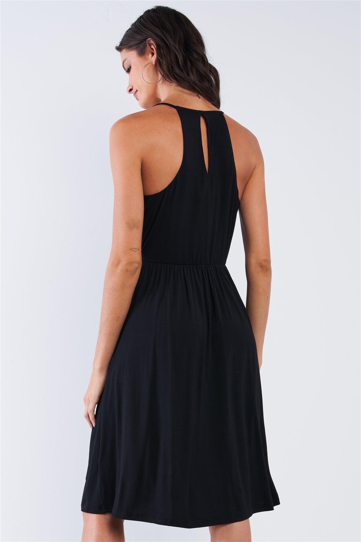 Black Casual Pleated Wrap Deep Plunge V-Neck Sleeveless Mini Dress With Front Pockets /1-2-2-1