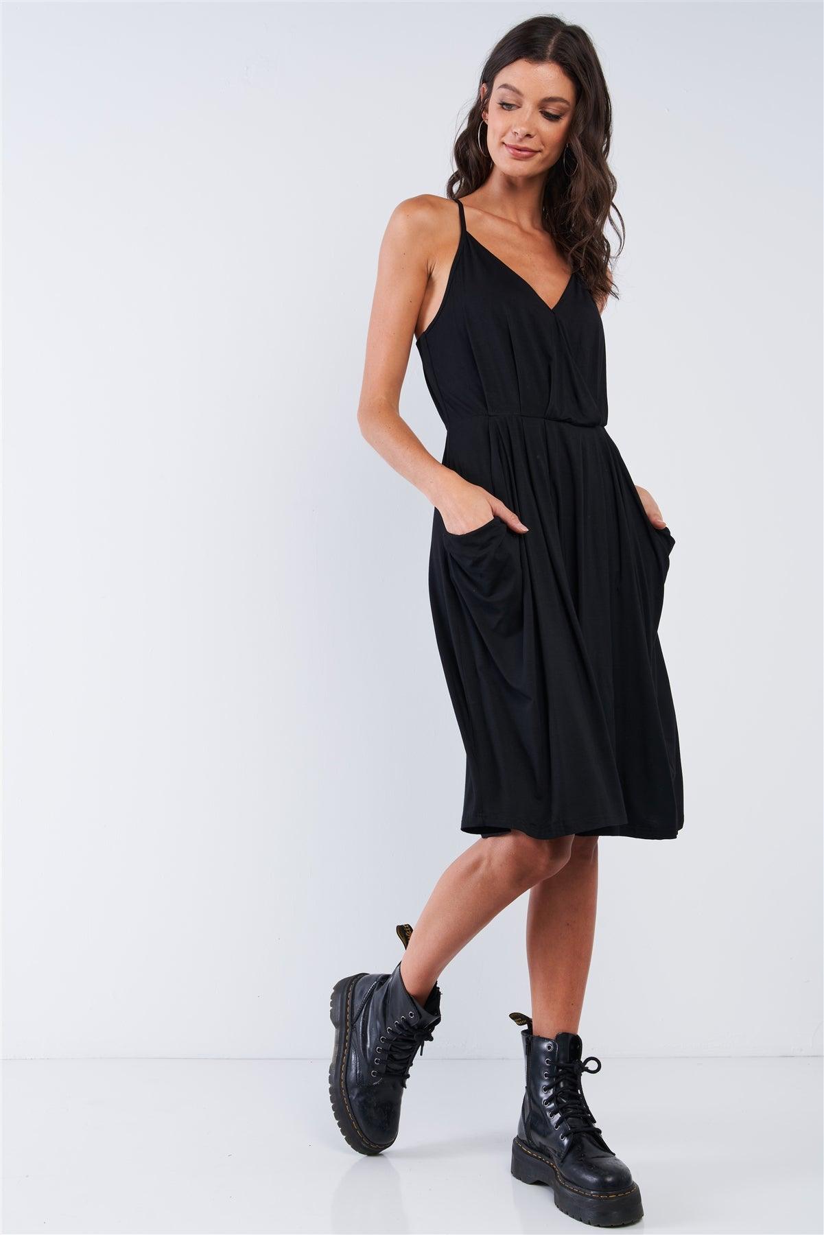 Black Casual Pleated Wrap Deep Plunge V-Neck Sleeveless Mini Dress With Front Pockets /1-2-2-1