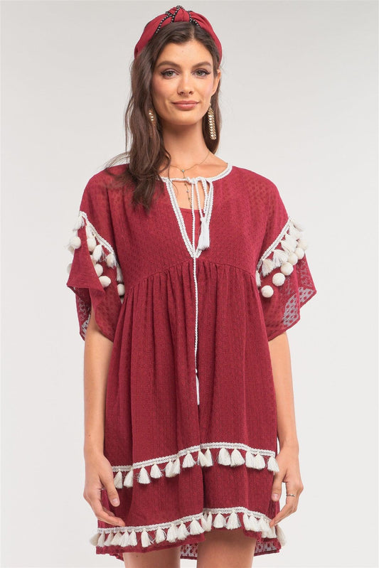 Burgundy Boho Contrast Crochet Mesh Pompom&Tassel Tip Trim Mini Dress /1-2-2-1