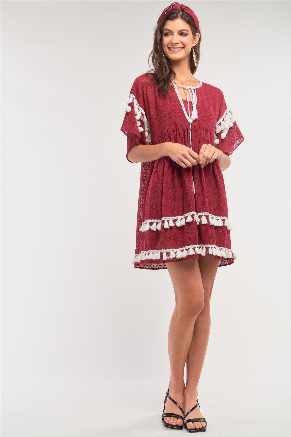 Burgundy Boho Contrast Crochet Mesh Pompom&Tassel Tips Detail Mini Dress /3-3