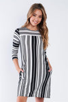 Black White Stripe 3/4 Sleeve Shift Midi Dress /2-2-2