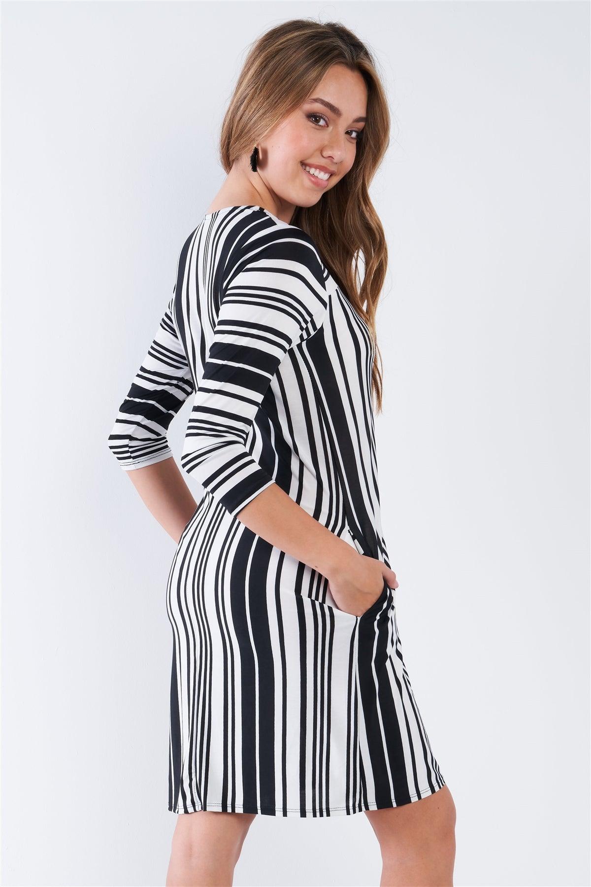 Black White Stripe 3/4 Sleeve Shift Midi Dress /2-2-2