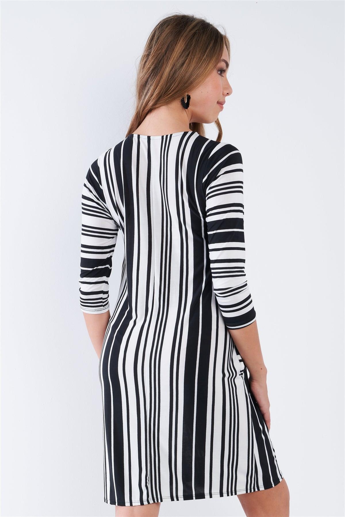 Black White Stripe 3/4 Sleeve Shift Midi Dress /2-2-2