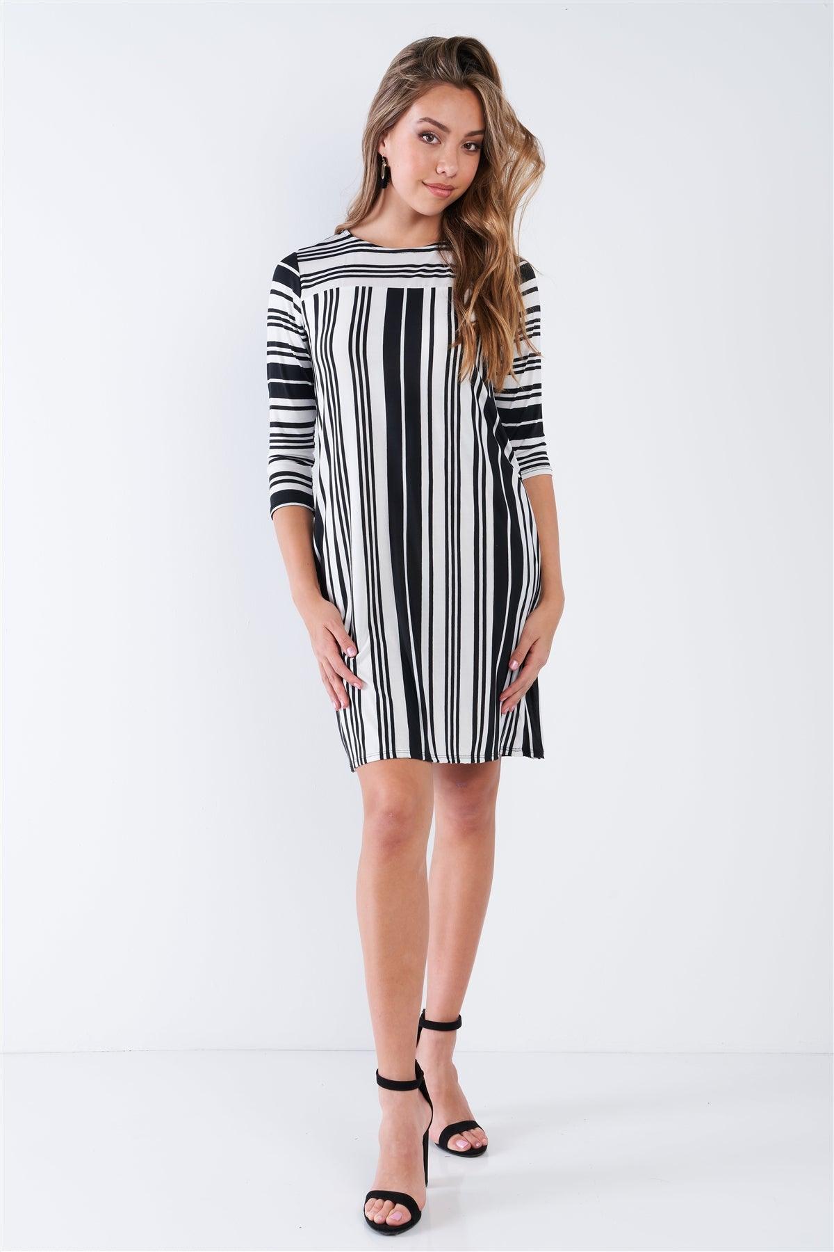 Black White Stripe 3/4 Sleeve Shift Midi Dress /2-2-2