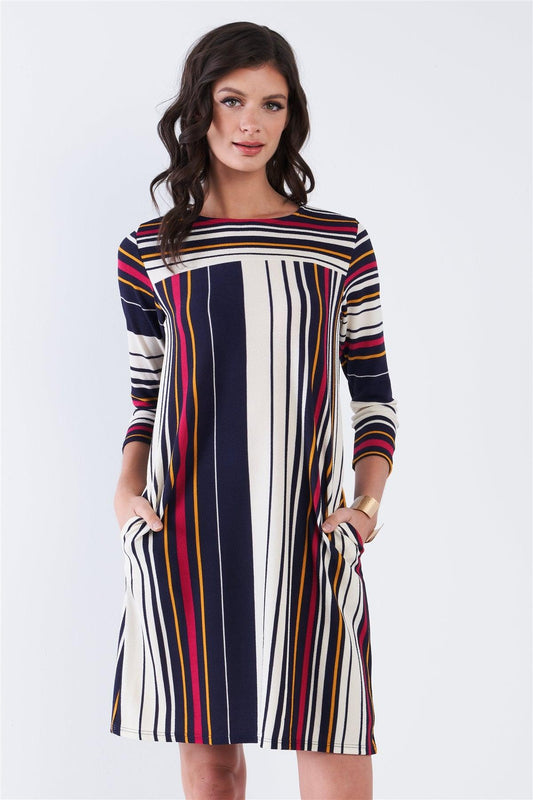 Navy Multi Stripe 3/4 Sleeve Shift Midi Dress /2-2-2