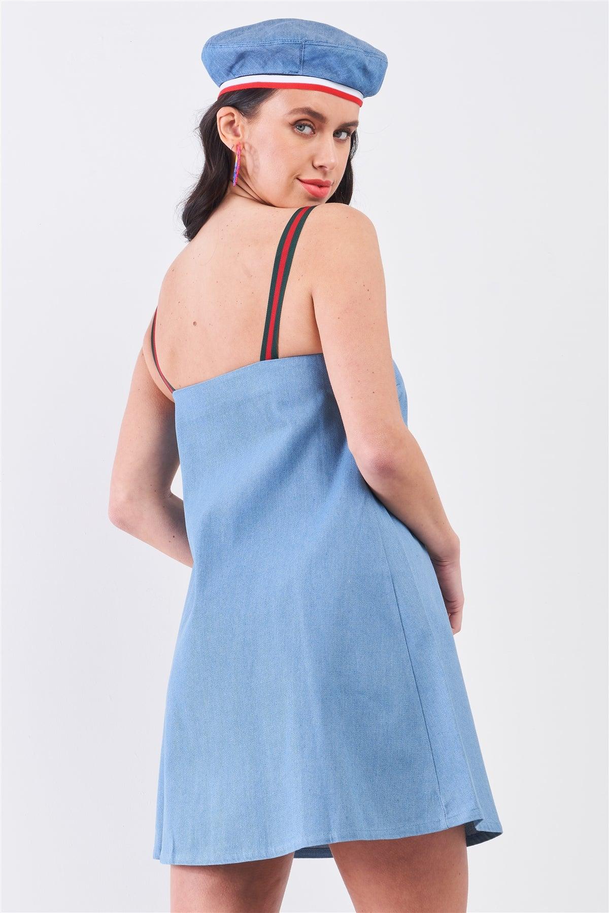 Quick Romance Light Blue Denim Sleeveless Strap Accent Babydoll Mini Dress /1-1-2