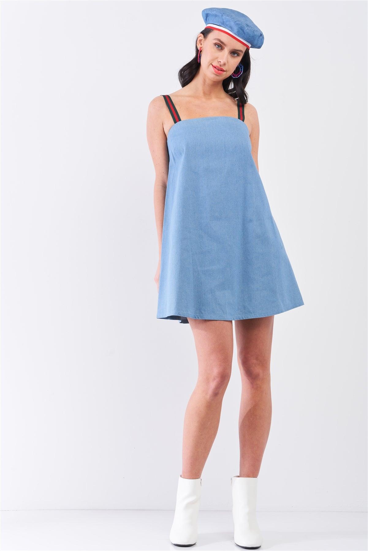 Quick Romance Light Blue Denim Sleeveless Strap Accent Babydoll Mini Dress /1-1-2