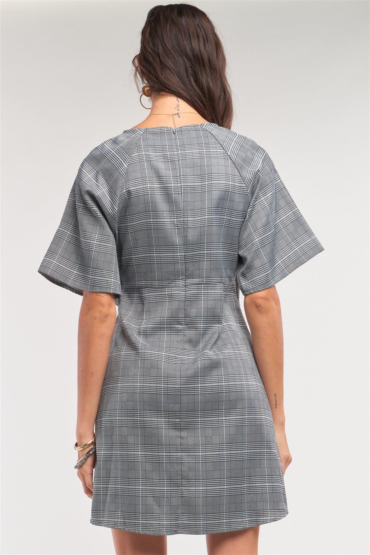 Grey Checkered Print Asymmetrical Front Self-Tie Detail Mini Dress /1-2-2-1