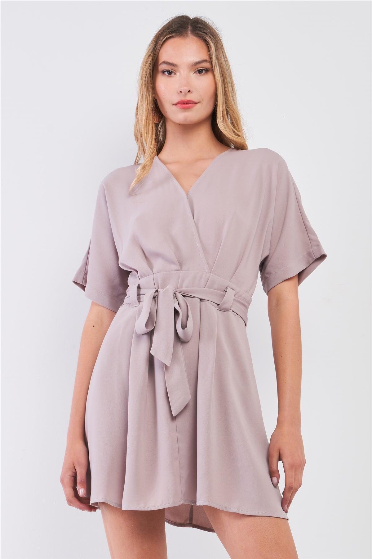 Winter Grey Wrap V-Neck Self-Tie Waist Detail Pleated Flare Mini Dress /1-3-1