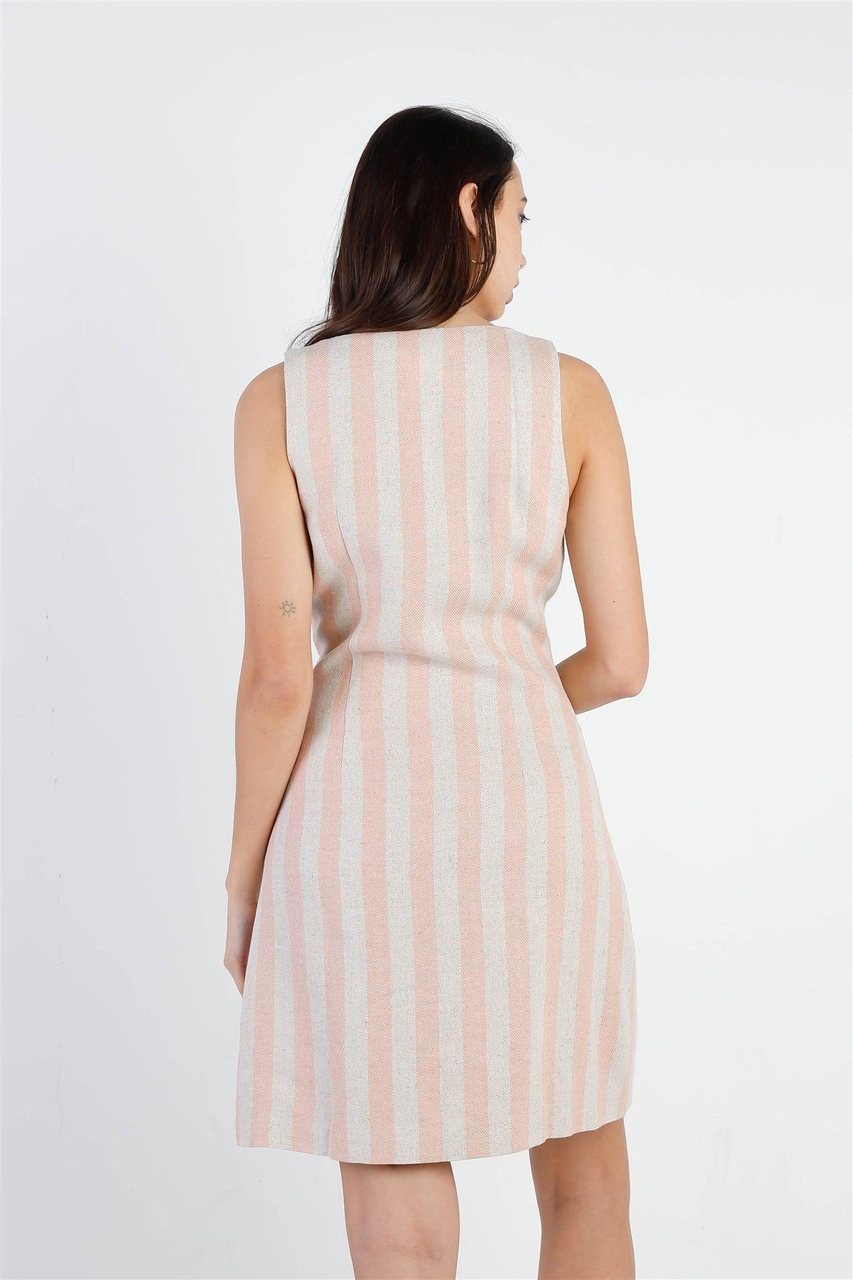 Blush & Tan Stripe Double Breasted Sleeveless Mini Dress /1-3-2