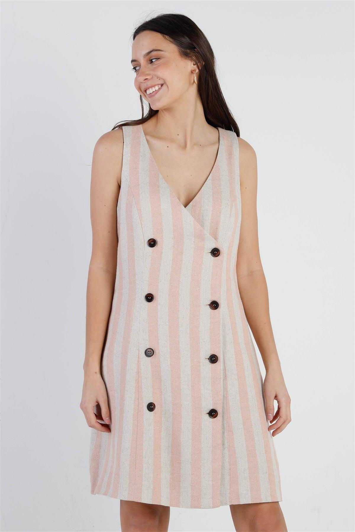 Blush & Tan Stripe Double Breasted Sleeveless Mini Dress /1-3-2