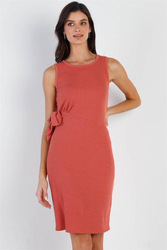 Red Brick Ribbed Side Self-Tie Detail Midi Dress /1-2-2-1