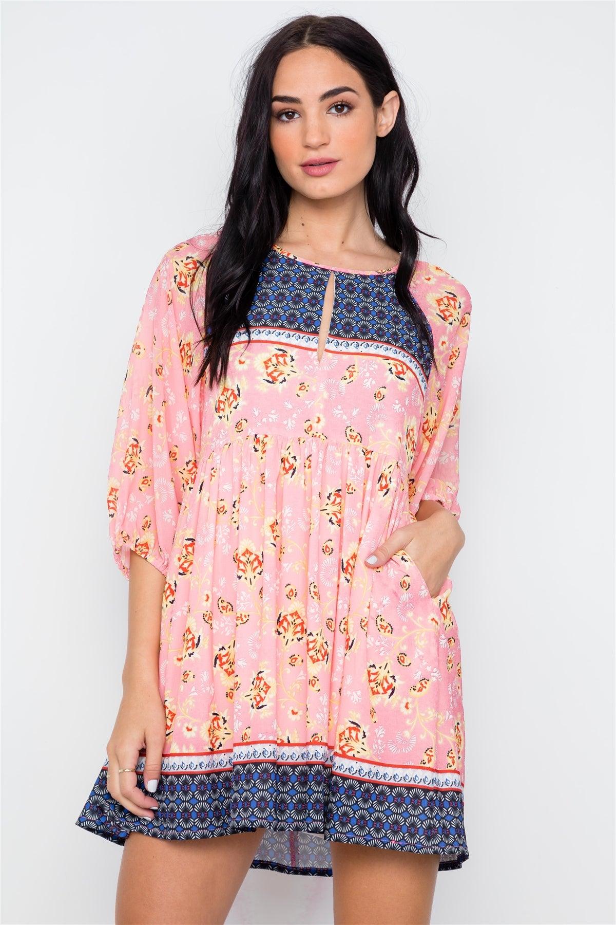 Multi Peach Paisley Boho Mini Dress /2-2-2