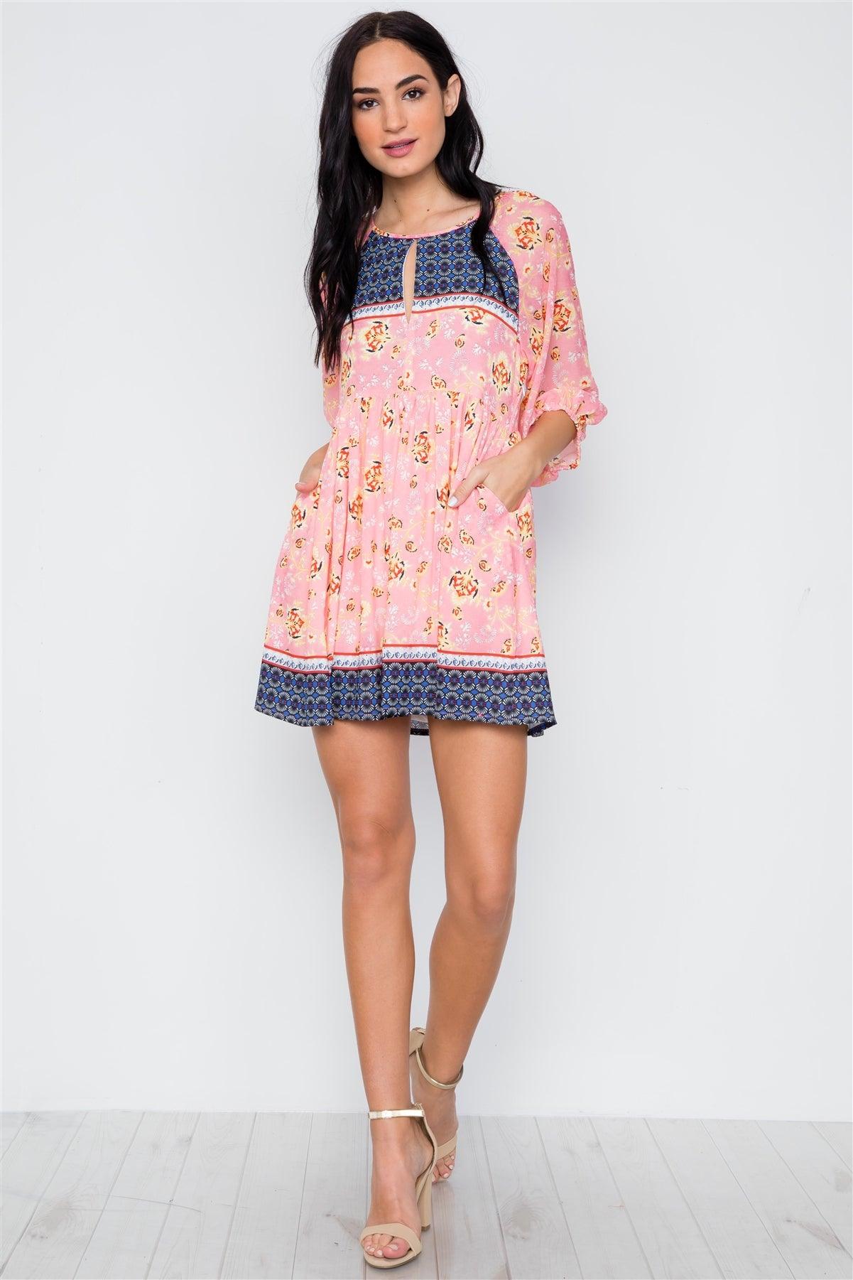 Multi Peach Paisley Boho Mini Dress /2-2-2