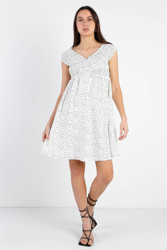 White Polka Dot Smocked Criss Cross Top Mini Dress /1-1-2-2