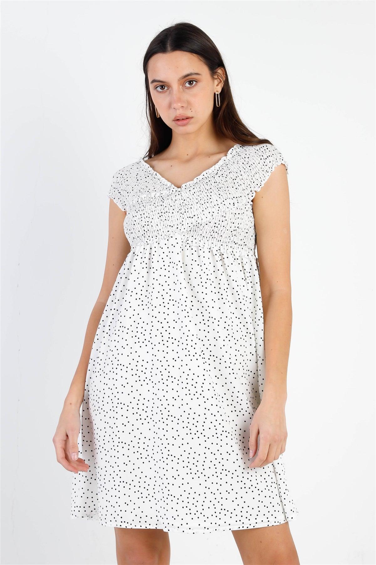 White Polka Dot Smocked Criss Cross Top Mini Dress /1-1-2-2