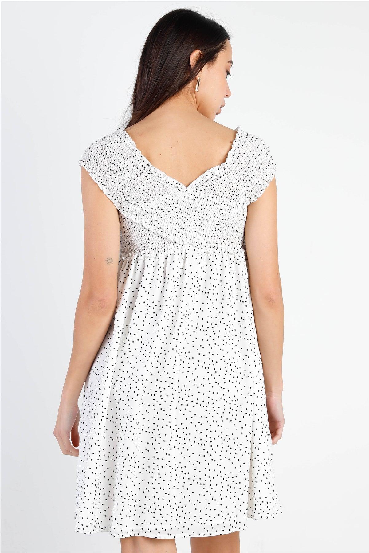 White Polka Dot Smocked Criss Cross Top Mini Dress /1-1-2-2