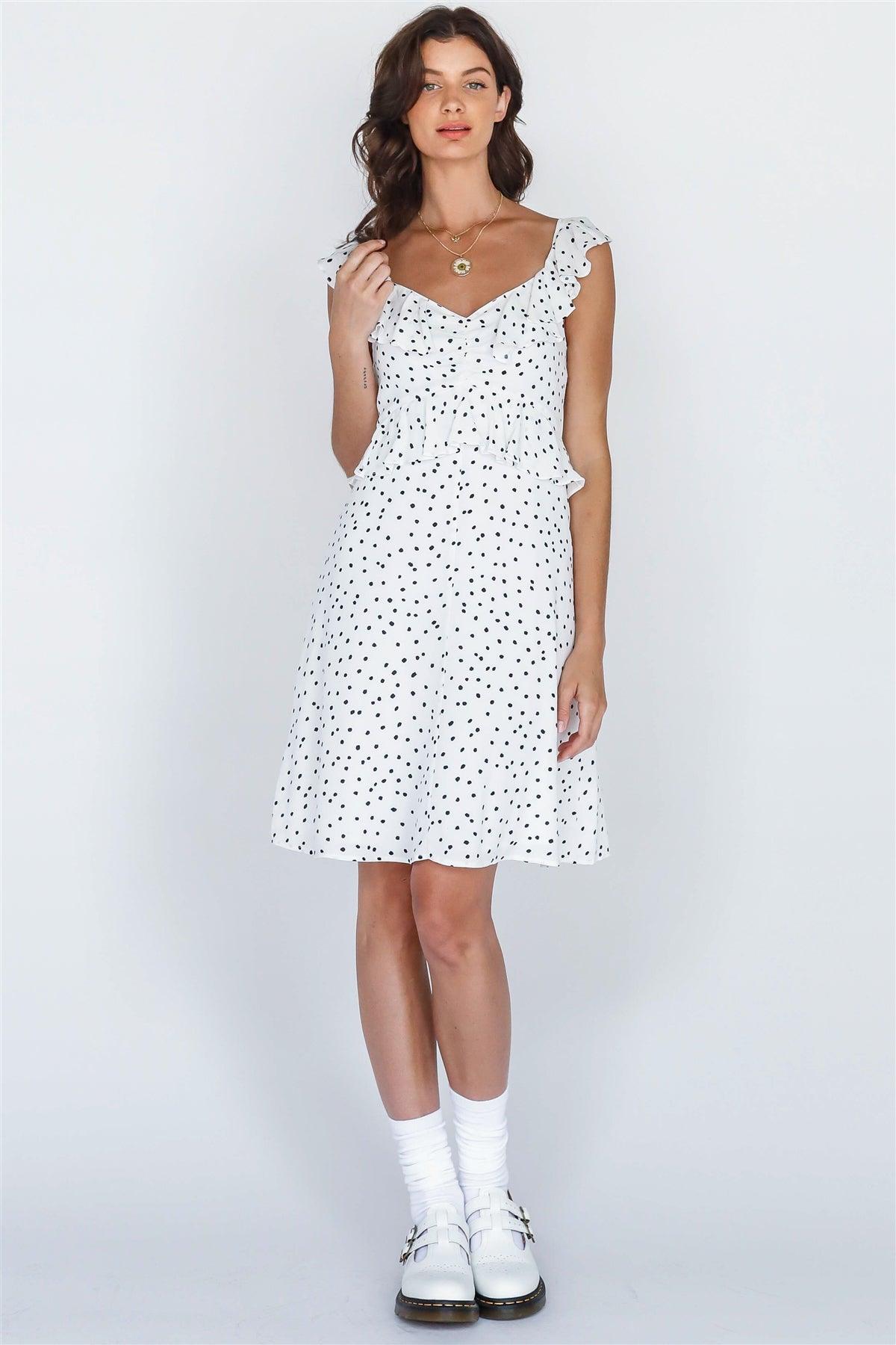 White Black Polka Print Ruched Ruffled V-Neck Mini Dress