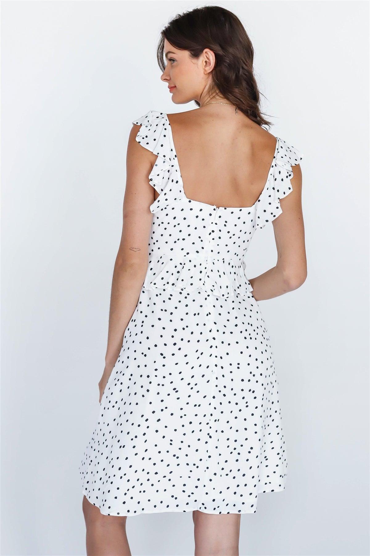 White Black Polka Print Ruched Ruffled V-Neck Mini Dress