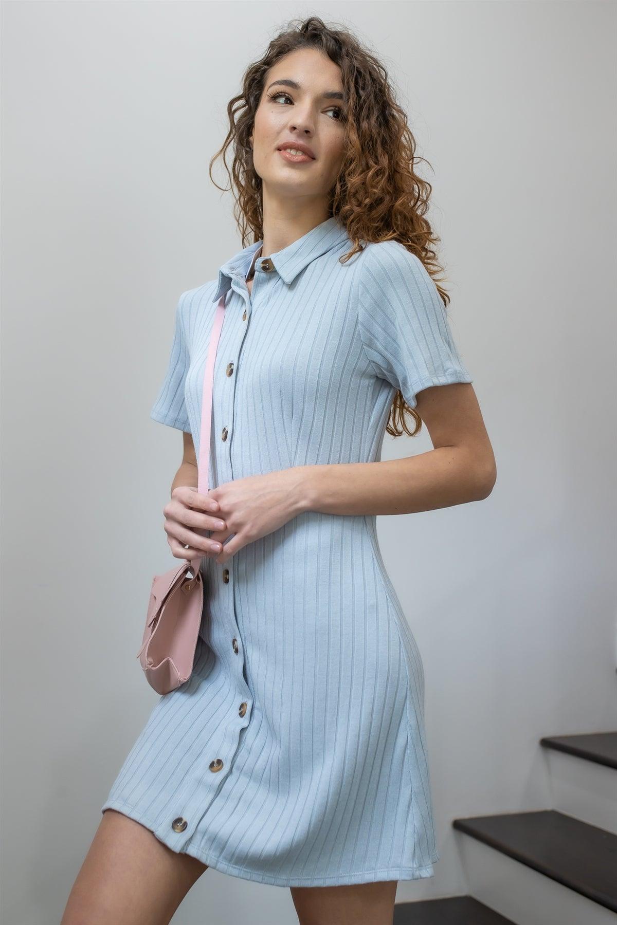 Blue Ribbed Front Button Up Collared Shirt Mini Dress /2-1-3