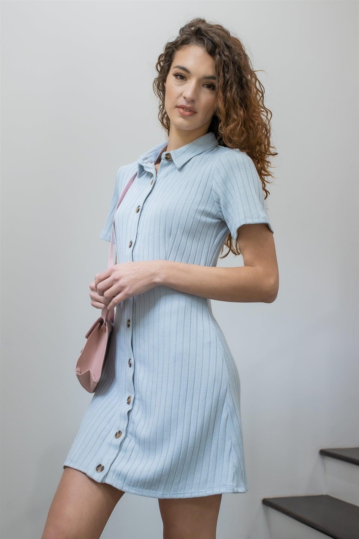 Blue Ribbed Front Button Up Collared Shirt Mini Dress /1-1-2-1