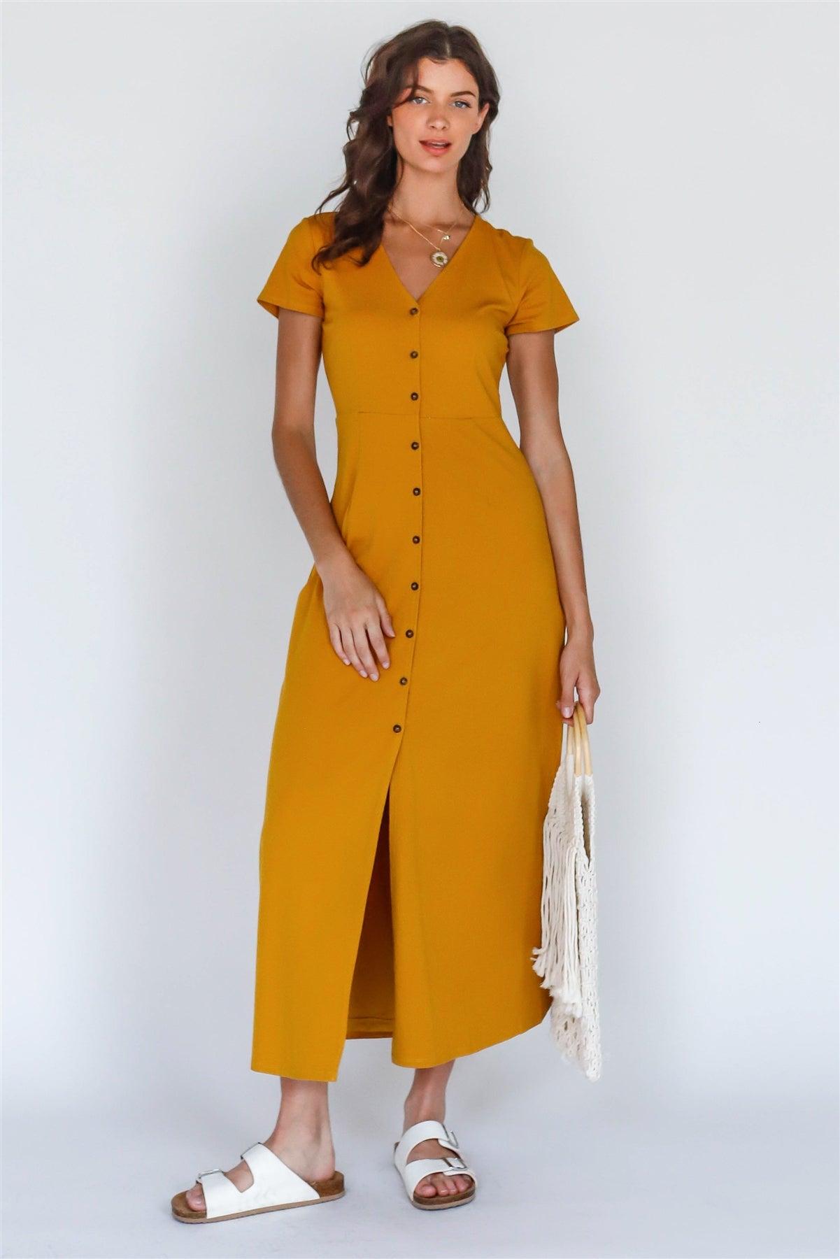 Mustard Button Up V-Neck Midi Dress