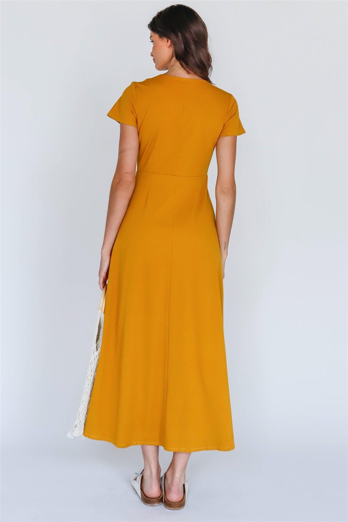 Mustard Button Up V-Neck Midi Dress