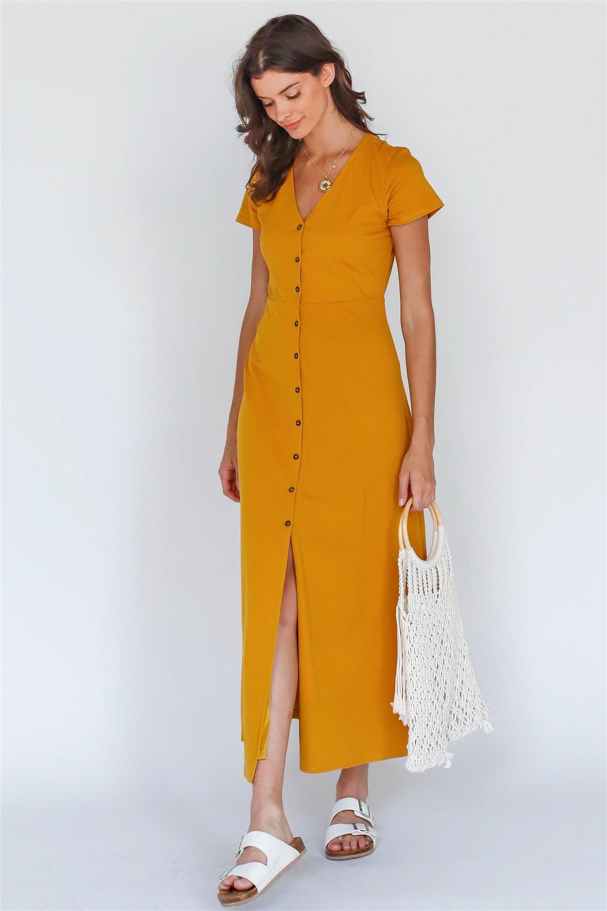 Mustard Button Up V-Neck Midi Dress