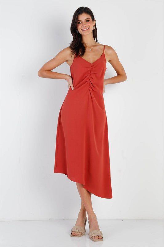 Brick Ruched Front Detail Back Crossover Straps Asymmetric Hem Midi Dress /1-1-2-1