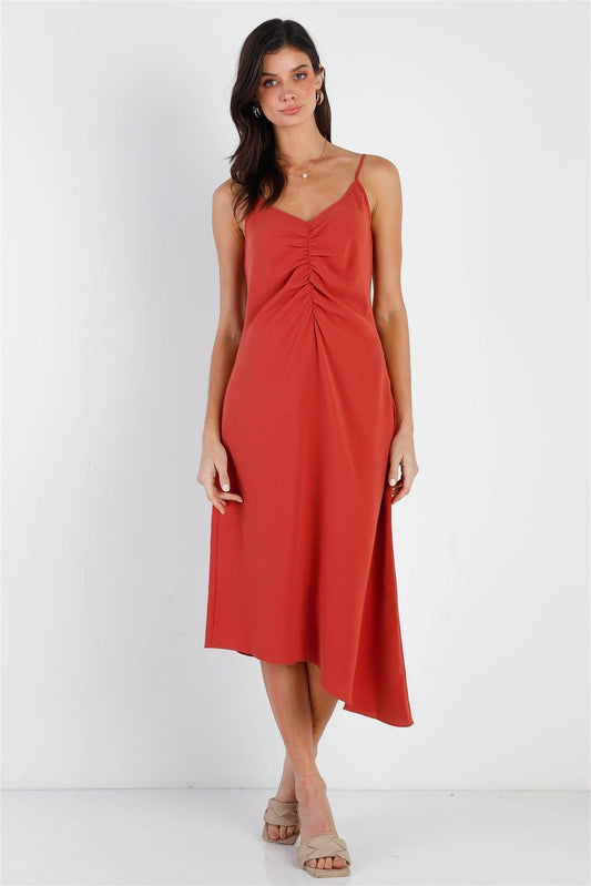 Brick Ruched Front Detail Back Crossover Straps Asymmetric Hem Midi Dress /2-2-2