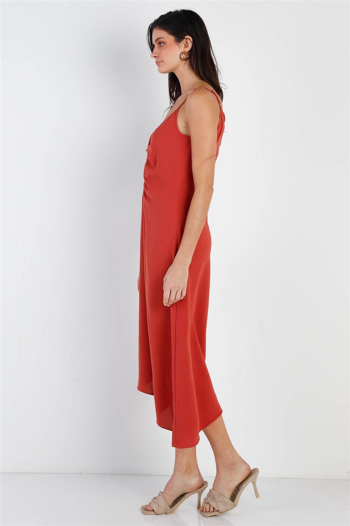 Brick Ruched Front Detail Back Crossover Straps Asymmetric Hem Midi Dress /3-2