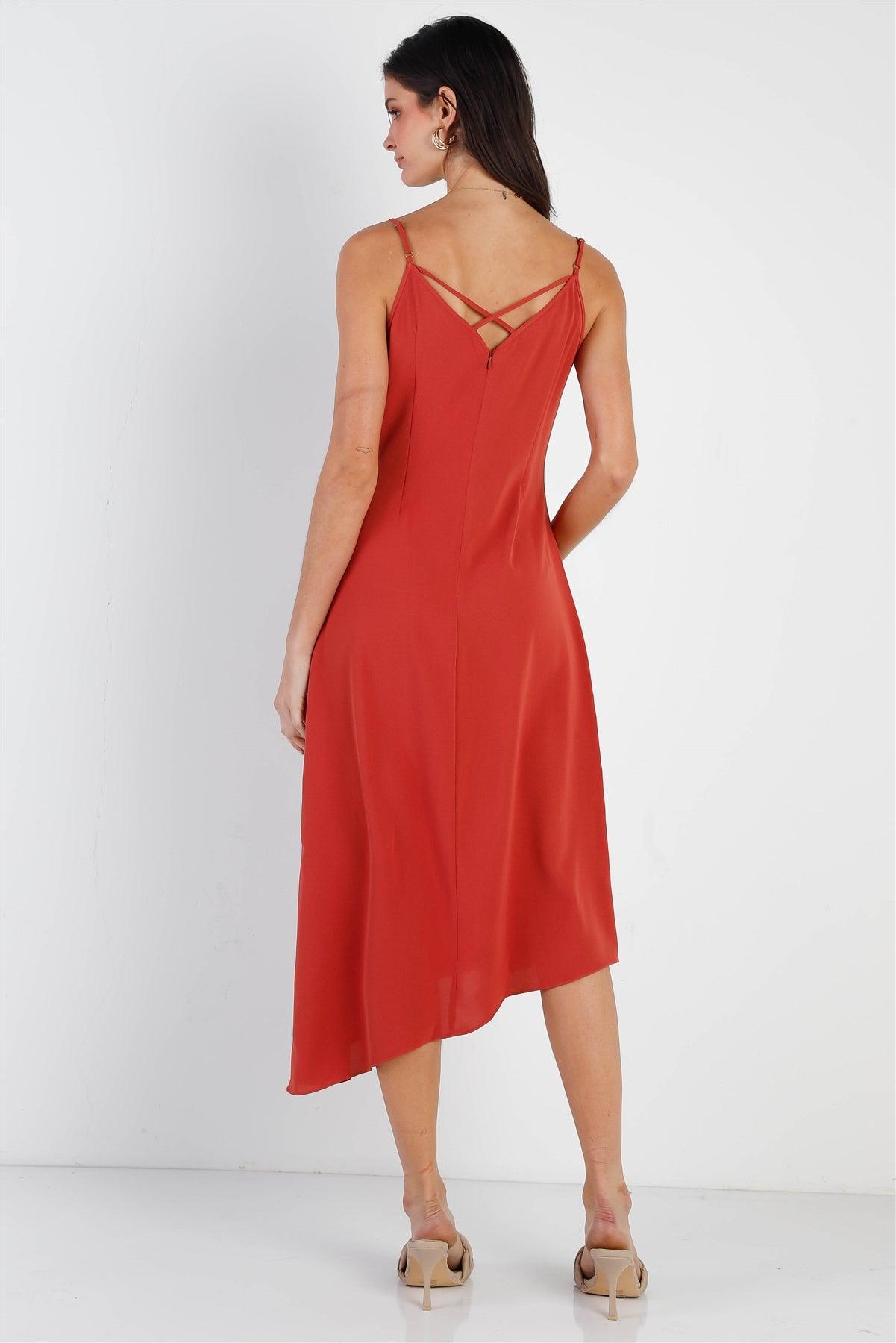 Brick Ruched Front Detail Back Crossover Straps Asymmetric Hem Midi Dress /3-2